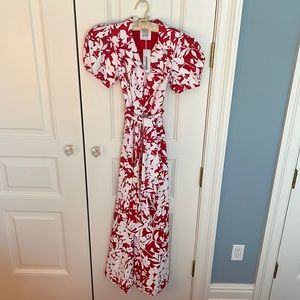 nwt rosie assouline puff  sleeve red silk dress island bloom